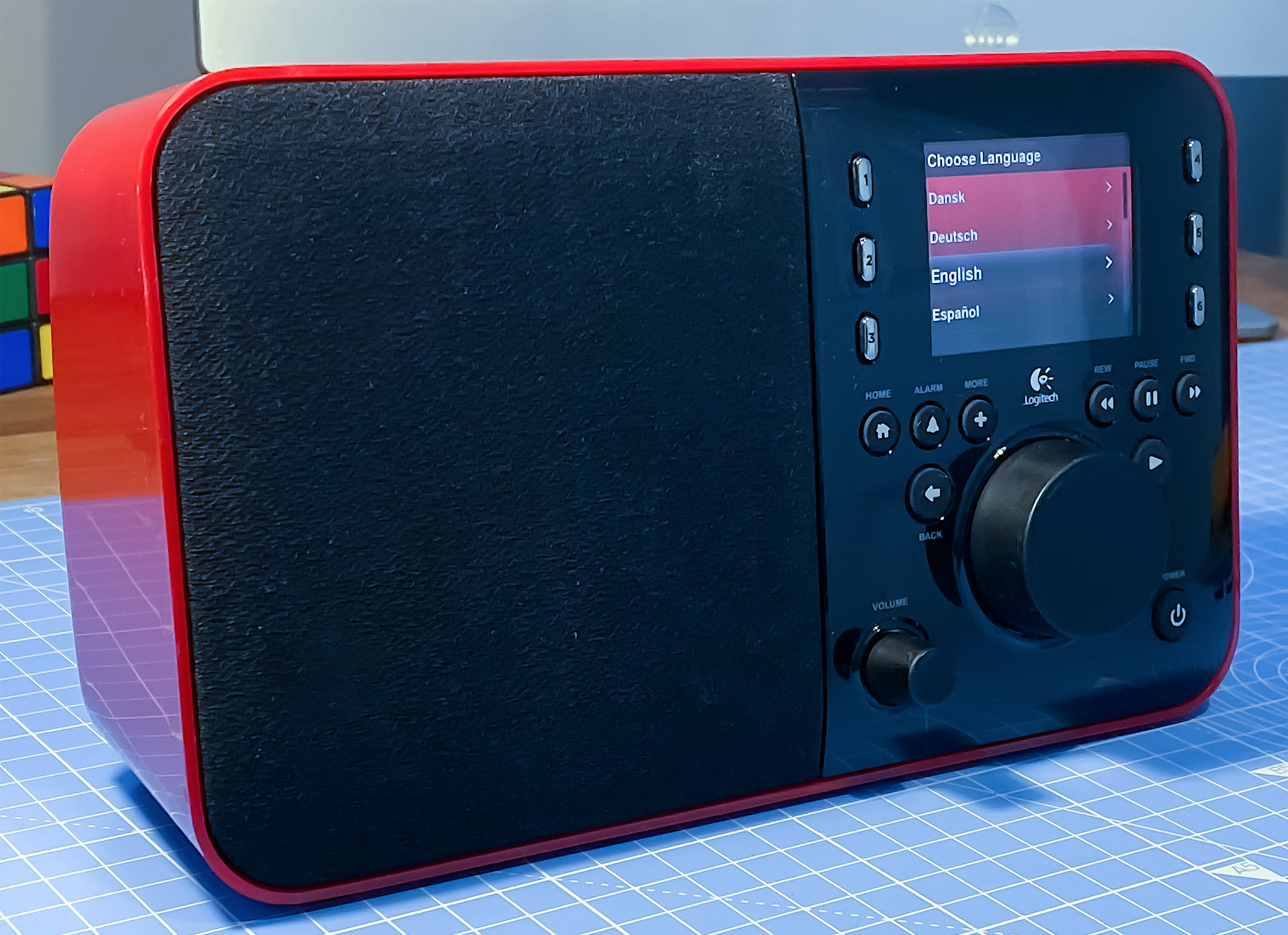 A Logitech Squeezebox Radio, in red